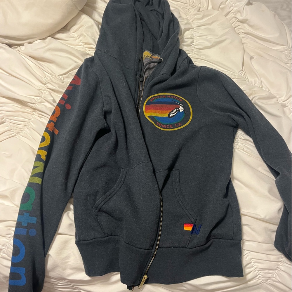 Aviator Nation Dark Gray Zip Up Hoodie with Rainbow Accents
